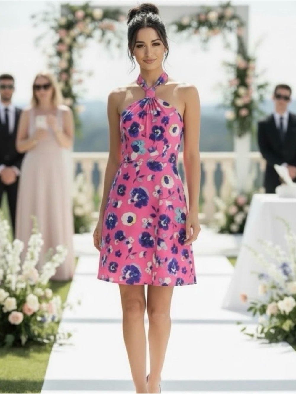 Hutch Coral Pink Floral Halter Dress with Navy Accents